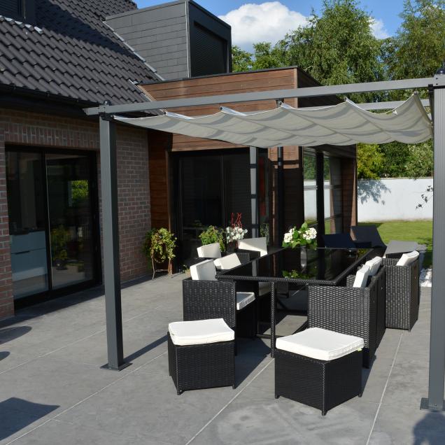 Condate: Aluminium pergola 3x3m with sliding retractable canopy, grey