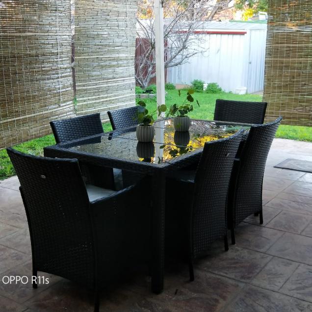 Mesa de jardín, Conjunto exterior, Gris, 6 plazas, Resina trenzada